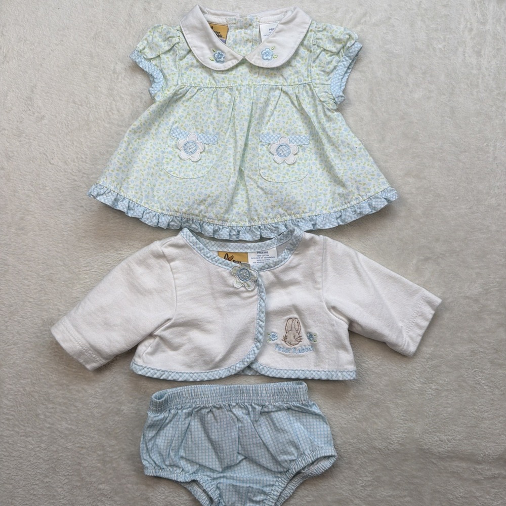 Peter Rabbit Beatrix Potter Baby Girl Preemie Outfit Set Dress Bloomers Blue